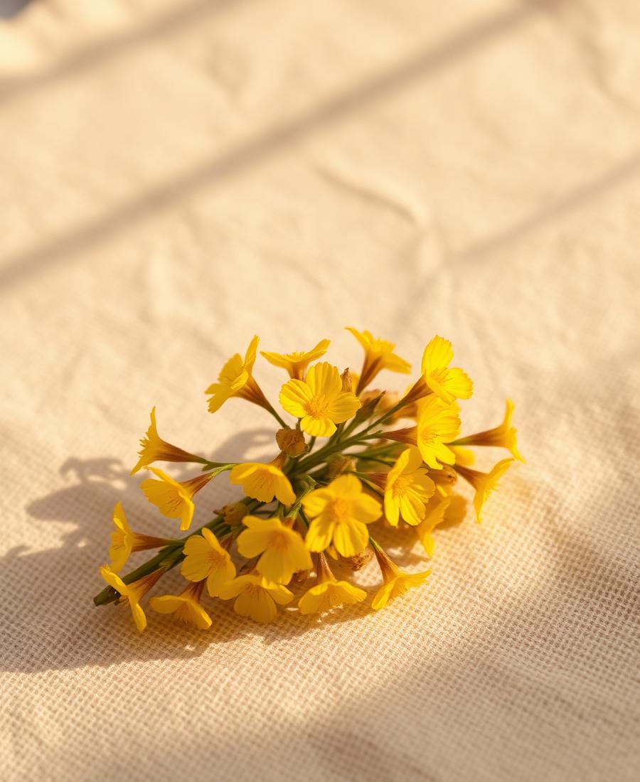 Gelbe Johanniskrautblüten in goldenem Licht auf Leinen